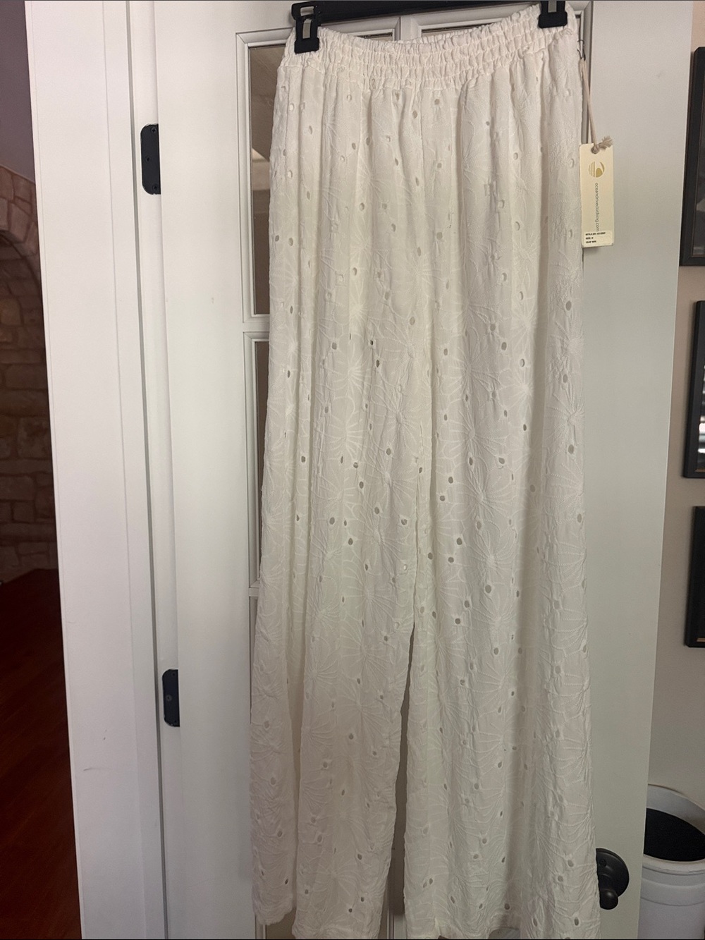 Ocean Drive White Floral Eyelet Wide-Leg Pants